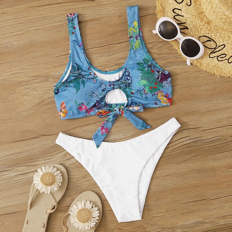 

Floral Knot Top With High Cut Bikini Set, Multicolor