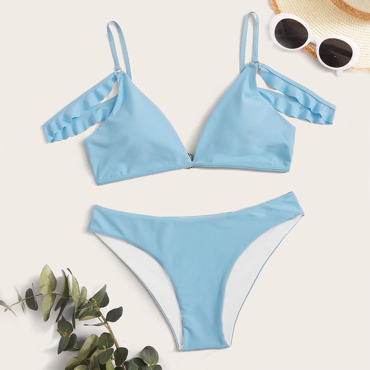 

Solid Ruffle Bardot Bikini Set, Blue