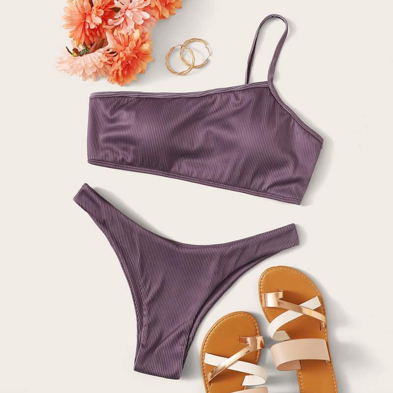 

One Shoulder High Cut Bikini Swimsuit, Purple