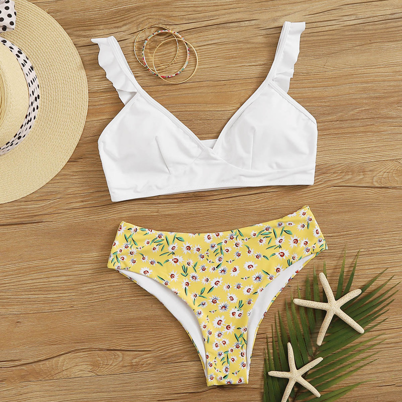 

Ruffle Strap High Waisted Floral Bikini Swimsuit, Multicolor