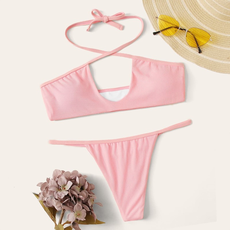 

Solid Halter Top With Thong Bikini Set, Pink