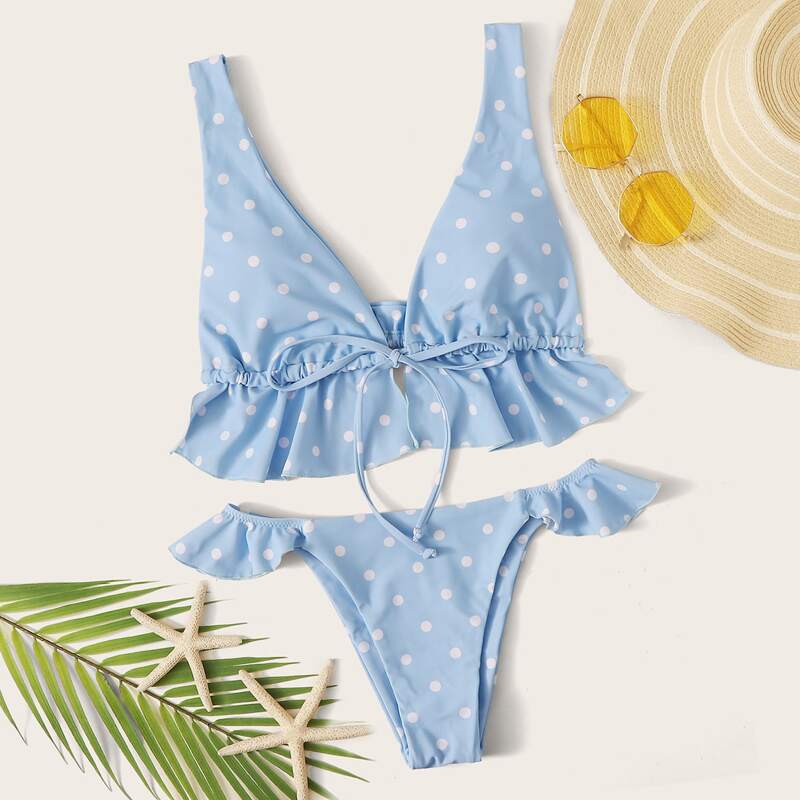 

Ruffle Hem Polka Dot Drawstring Bikini Set, Blue