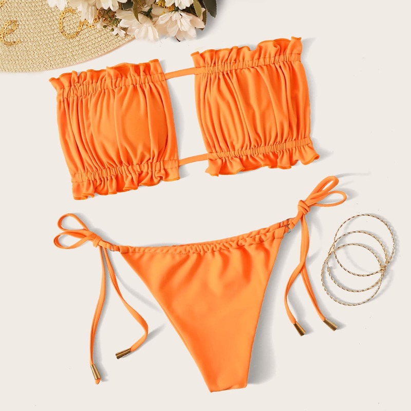

Neon Orange Frill Top With Tie Side Bikini Set, Orange bright