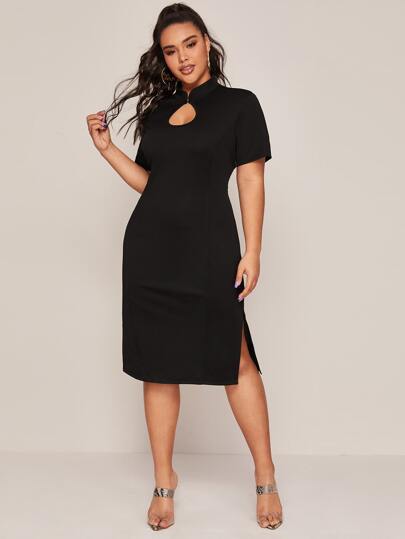 Plus Mandarin Collar Split Detail Fitted Dress