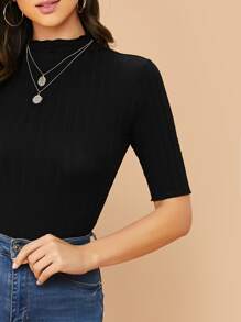 SHEIN Essnce Mock Neck Lettuce Trim Rib-knit Tee - Black - View 4