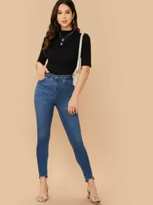 SHEIN Essnce Mock Neck Lettuce Trim Rib-knit Tee - Black - View 5