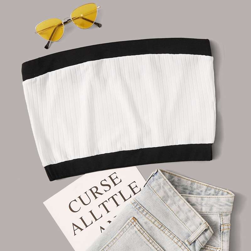 

Color-Block Ribbed Crop Tube Top, White