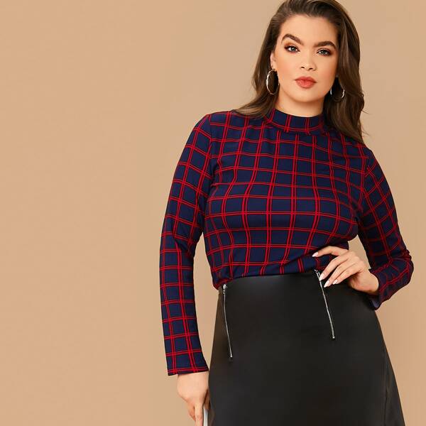 

Облегающий топ размера плюс в клетку с воротником-стойкой, Многоцветный