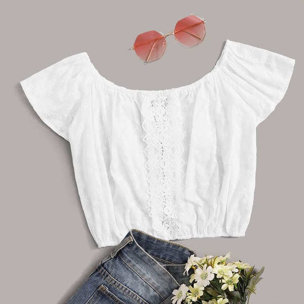 

Eyelet Embroidery Lace Panel Crop Blouse, White