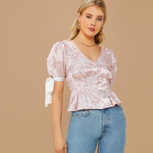 

Knot Cuff Floral Print Satin Peplum Blouse, Multicolor