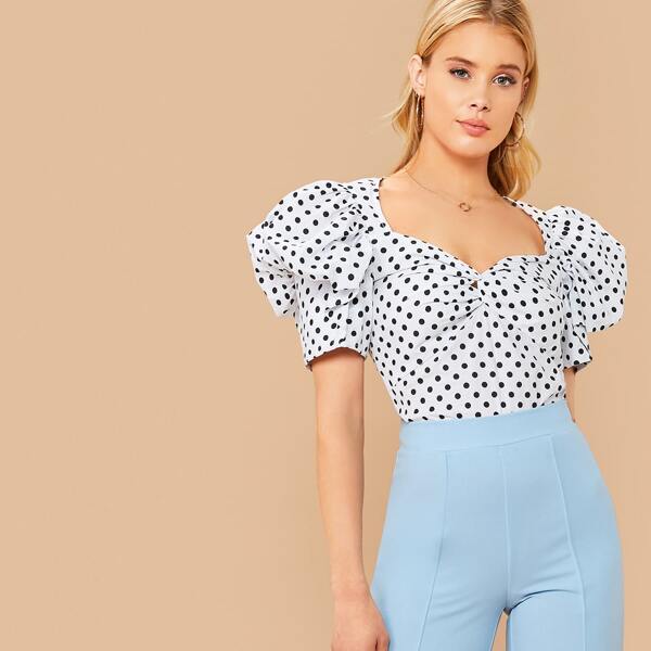

Sweetheart Neck Puff Sleeve Twist Front Polka Dot Top, Black and white