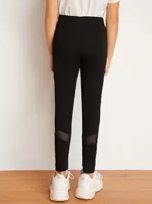 SHEIN 女孩透明網紗拼接緊身褲 - 黑色 - 查看 2