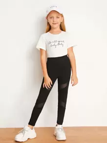 SHEIN 女孩透明網紗拼接緊身褲 - 黑色 - 查看 3