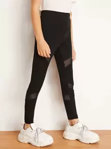 SHEIN 女孩透明網紗拼接緊身褲 - 黑色 - 查看 4