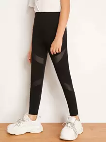SHEIN 女孩透明網紗拼接緊身褲 - 黑色 - 查看 1