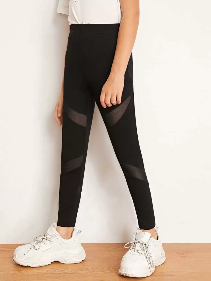 SHEIN 女孩透明網紗拼接緊身褲 - 黑色 - 查看 1