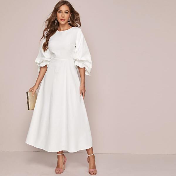 

Gathered Sleeve Solid Maxi Dress, White