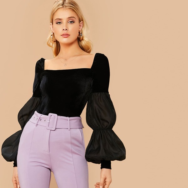 

Organza Lantern Sleeve Velvet Top, Black