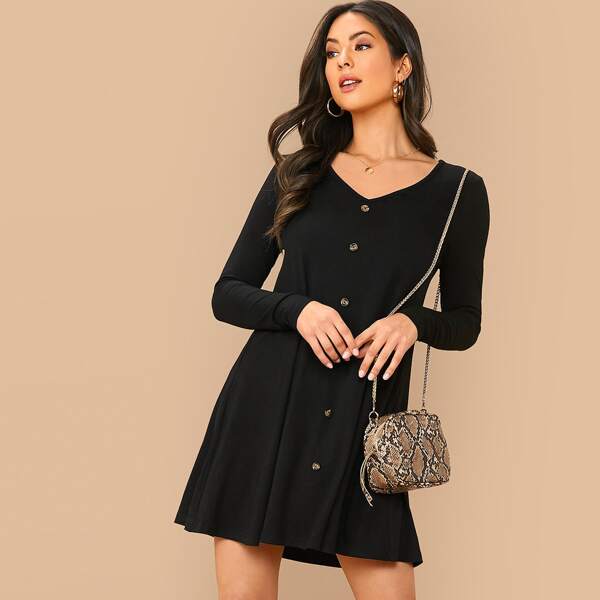 

Button Front Solid Dress, Black