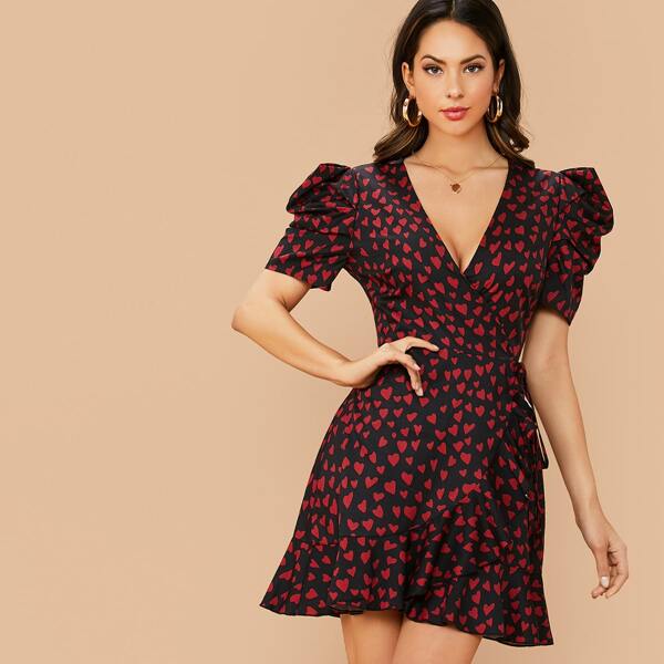 

Puff Sleeve Knot Side Heart Print Wrap Dress, Multicolor