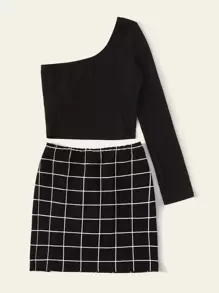 SHEIN Plus One Shoulder Solid Top & Split Grid Skirt Set - Black - View 2