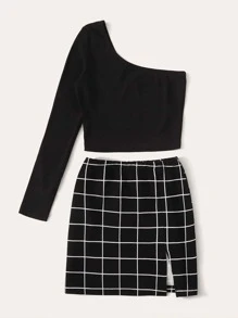 SHEIN Plus One Shoulder Solid Top & Split Grid Skirt Set - Black - View 3