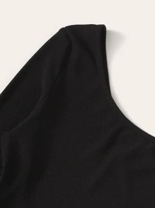 SHEIN Plus One Shoulder Solid Top & Split Grid Skirt Set - Black - View 4