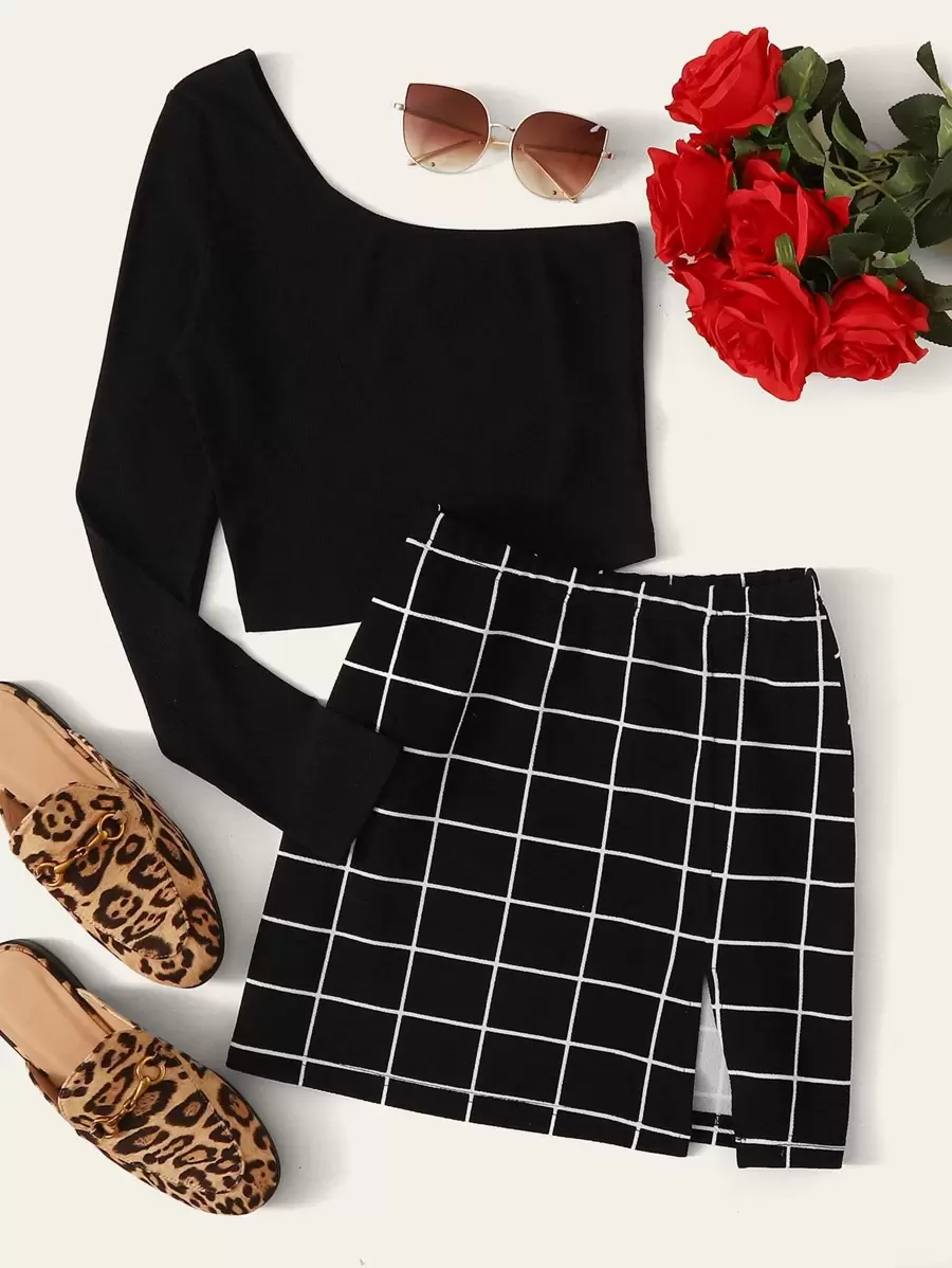 SHEIN Plus One Shoulder Solid Top & Split Grid Skirt Set - Black - View 1