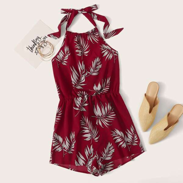 

Tropical Leaf Print Halter Romper, Burgundy