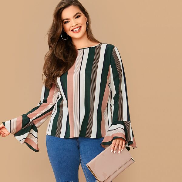 

Plus Flounce Sleeve Striped Top, Multicolor