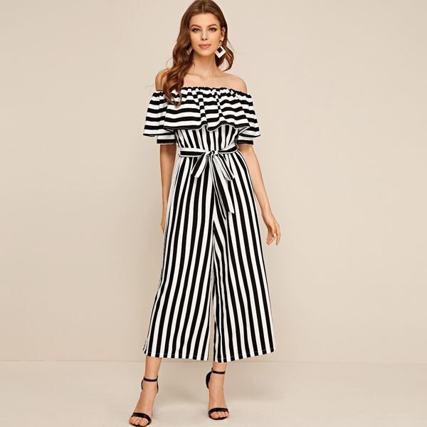 

Flounce Off Shoulder Wide Leg Belted Jumpsuit, Black and white