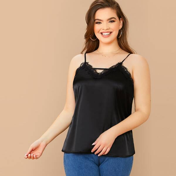 

Plus Cut Out Lace Trim Satin Cami Top, Black