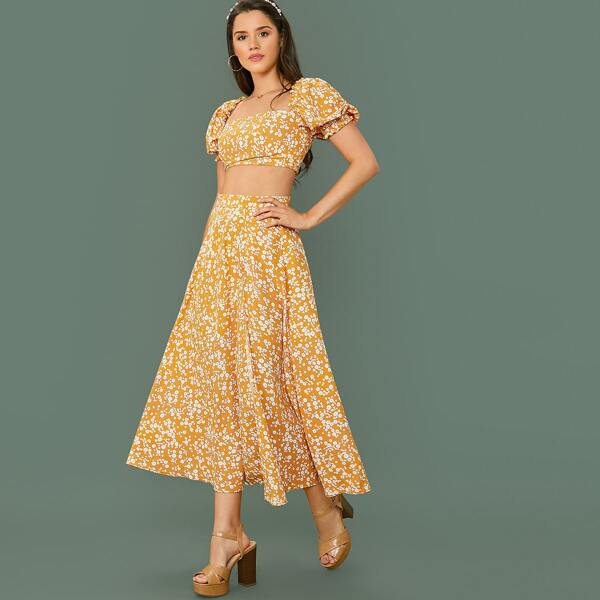 

Puff Sleeve Shirred Back Ditsy Floral Crop Top & Skirt Set, Yellow