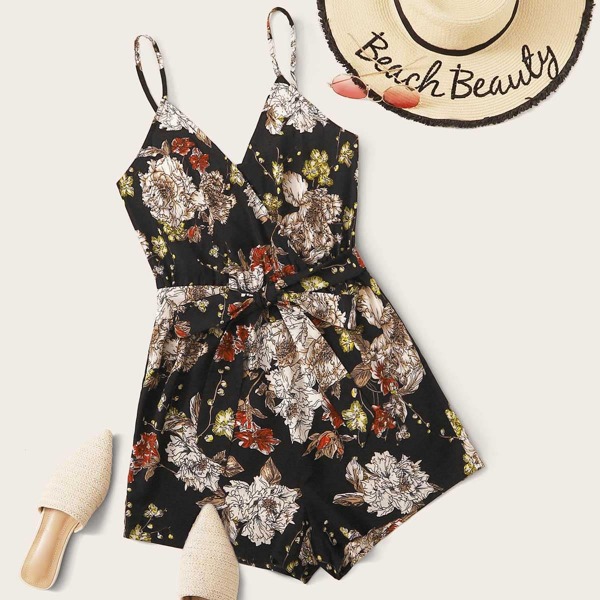 

Botanical Print Belted Cami Romper, Multicolor