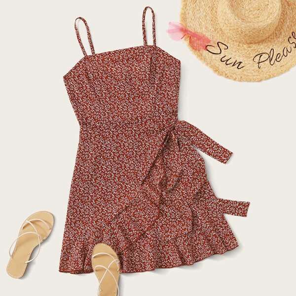 

Ditsy Floral Print Ruffle Detail Wrap Knot Slip Dress, Burgundy