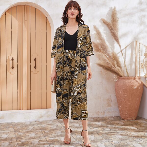 

Scarf Print Kimono & Cropped Pants Set, Multicolor