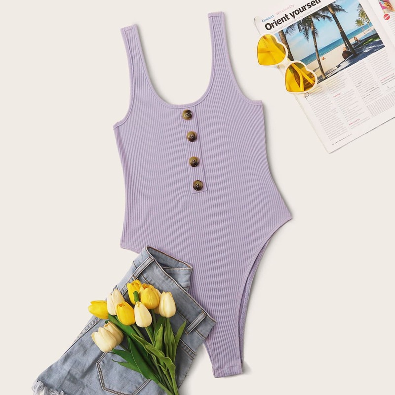 

Button Front Rib-knit High Leg Bodysuit, Purple pastel
