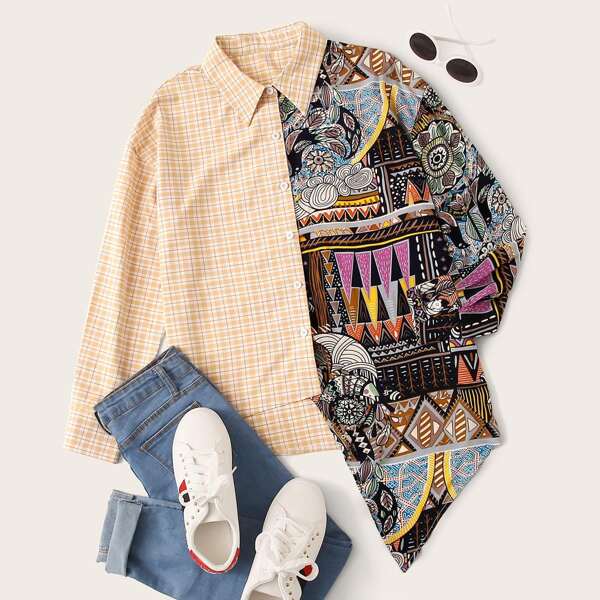 

Tribal Spliced Asymmetrical Hem Plaid Blouse, Multicolor