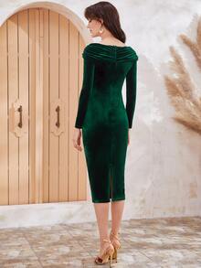 SHEIN 十字交叉抽褶細節開衩天鵝絨連衣裙 - 墨綠色 - 查看 2