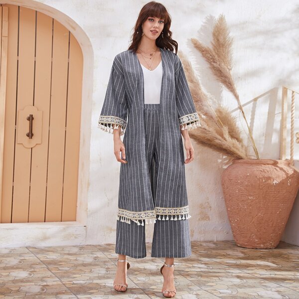 

Open Front Tassel Trim Striped Kimono & Palazzo Pants Set, Grey