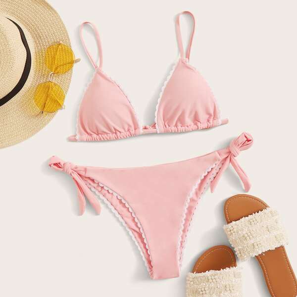 

Contrast Trim Triangle Tie Side Bikini Swimsuit, Pink