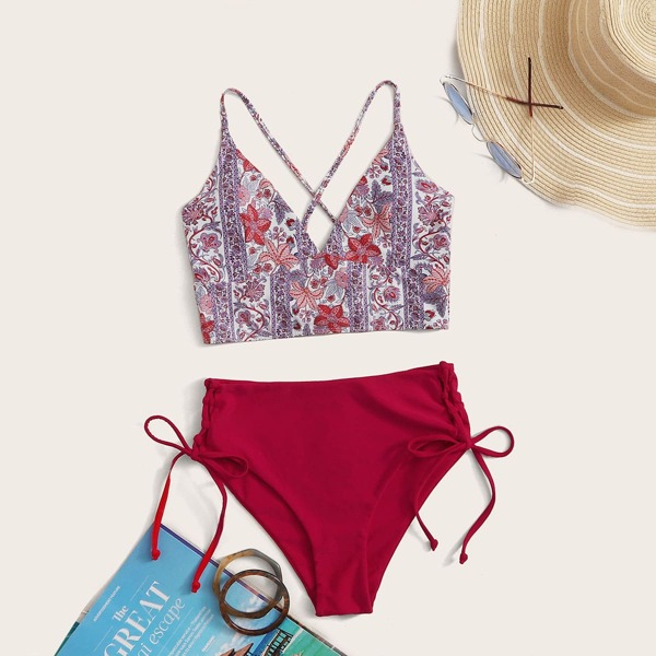 

Random Floral Tie Side Bikini Swimsuit, Multicolor