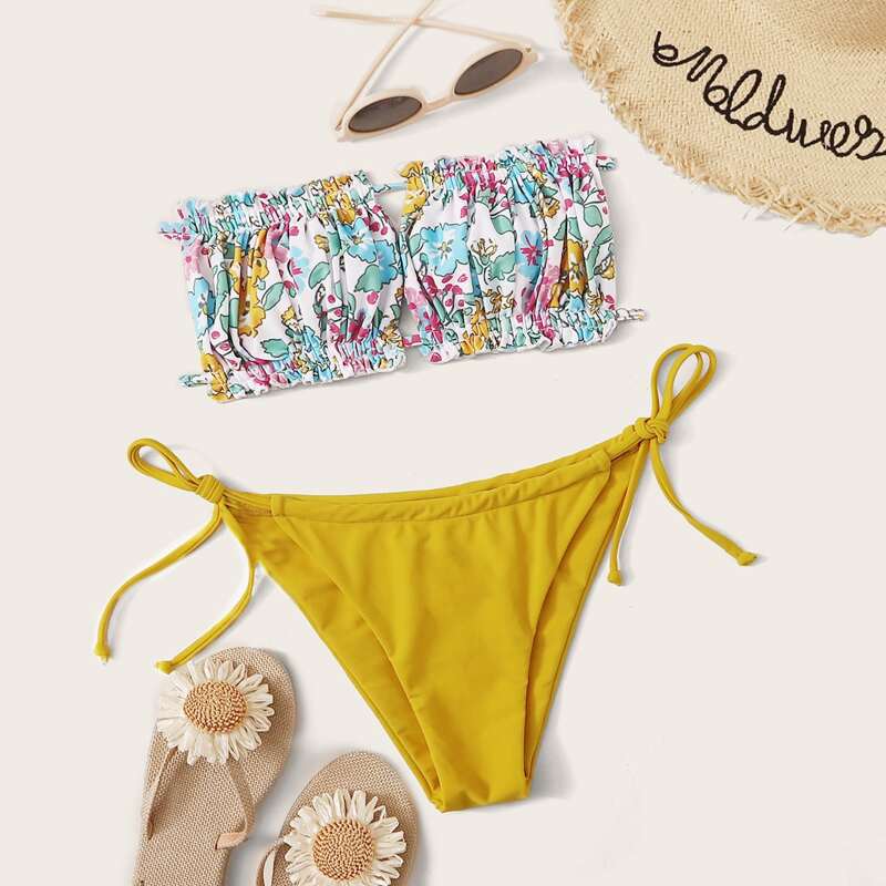 

Floral Random Print Bandeau Tie Side Bikini Swimsuit, Multicolor