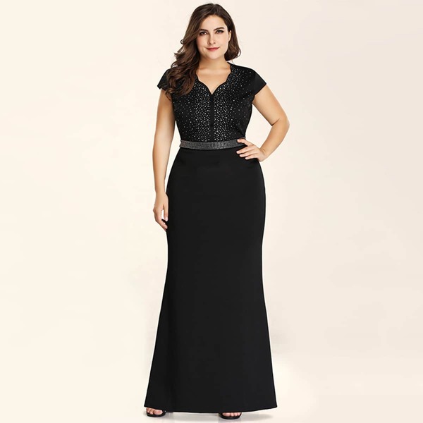 

Plus Rhinestone Cap Sleeve Maxi Prom Dress, Black