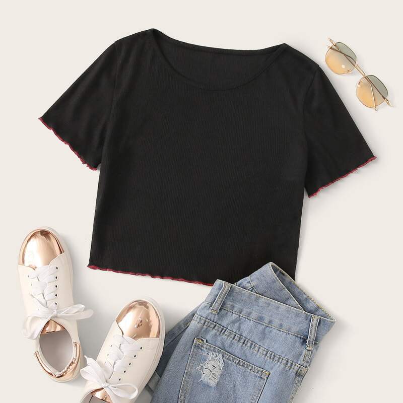 

Ribbed Lettuce Trim Tee, Black