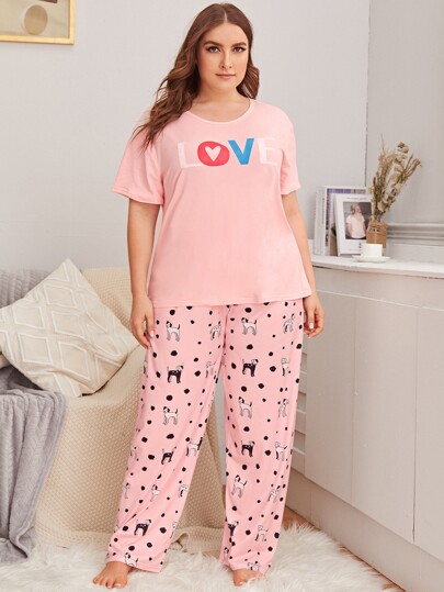 Plus Cartoon & Letter Graphic Pajama Set