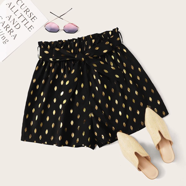 

Plus Paperbag Waist Belted Gold Print Shorts, Black