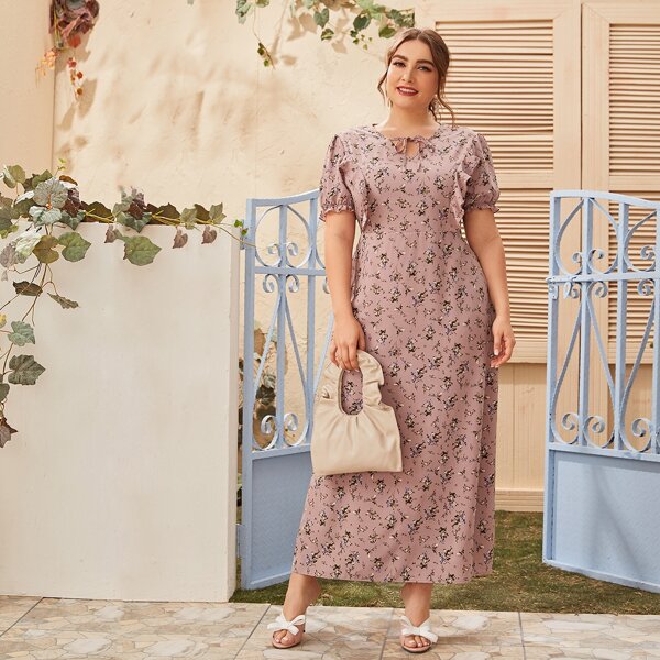 

Plus Floral Print Tie Neck Ruffle Trim Dress, Pink