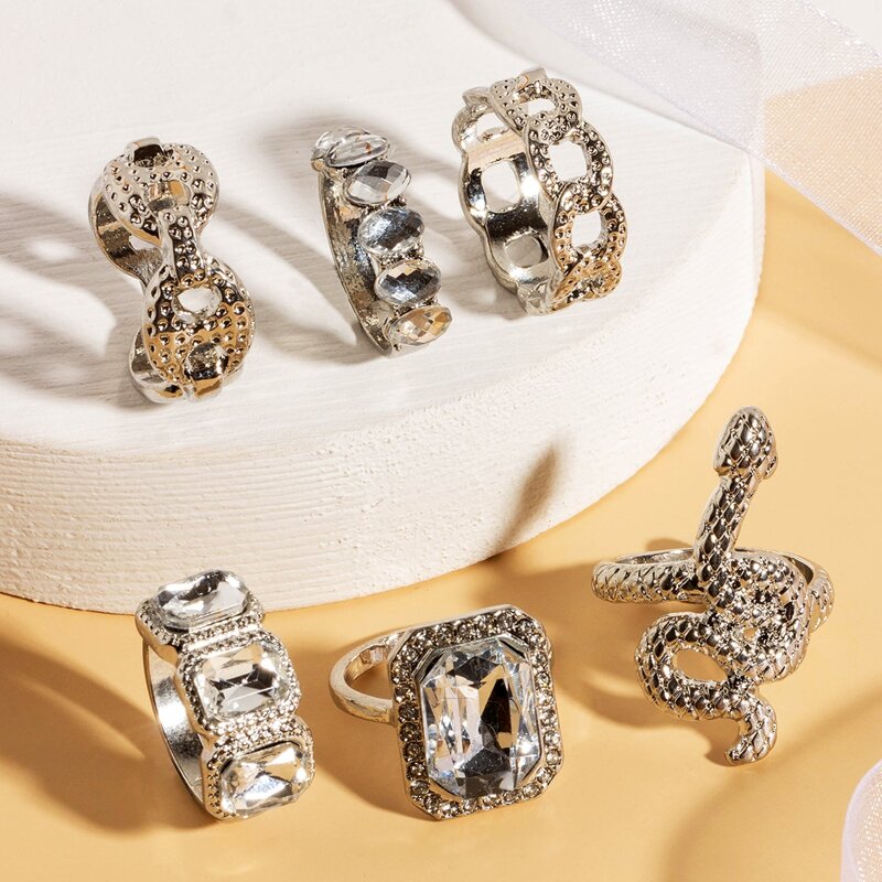 

6pcs Rhinestone Decor & Serpentine Decor Ring, Silver