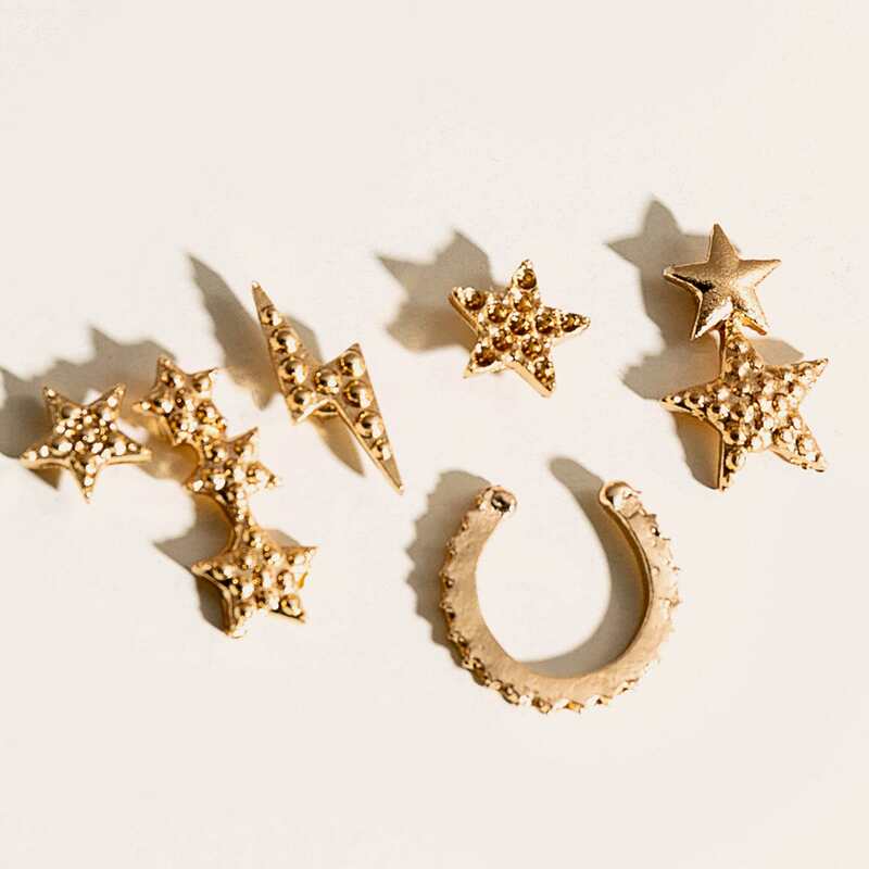 

6pcs Textured Star & Lighting Design Stud Earrings, Gold